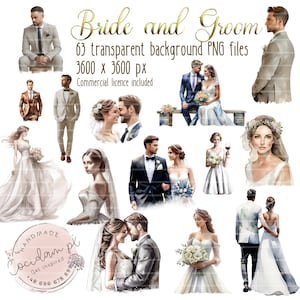 Bruiloft "Bruid en Bruidegom" clipart set transparante achtergrond, PNG instant download, DIY scrapbook kit, commerciële licentie, handgemaakte bundel