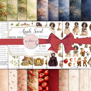 May include: A collection of digital paper sheets with an "Apple Secret" theme. The image features various backgrounds with apples, forest scenes, and fairy tale characters. Includes printable sheets and elements to cut.