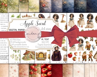 Apple Secret – a fairytale scrapbooking collection, PNG, A4 backgrounds, cutout elements, digital set, inspired by Snow White by the Brothers Grimm