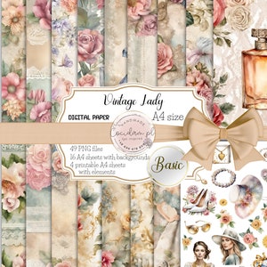 Vintage senhora aquarela digital fundo de papel antigo imprimível jpg padrão de flores, licença comercial, diy scrapbooking lixo diário kit