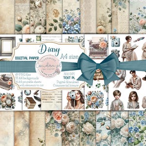 Kolekcja grafik cyfrowych „Diary” – 49 PNG, 33 tła A4, 14 arkuszy z wycinankami, scrapbooking, journaling, vintage, nostalgia, junk journal