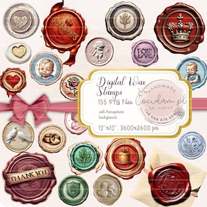 Digitales Wachsstempel-Siegel-Clipart-Set mit transparentem Hintergrund, PNG-Sofort-Download, DIY-Scrapbook-Kit, kommerzielle Lizenz, handgefertigtes Paket
