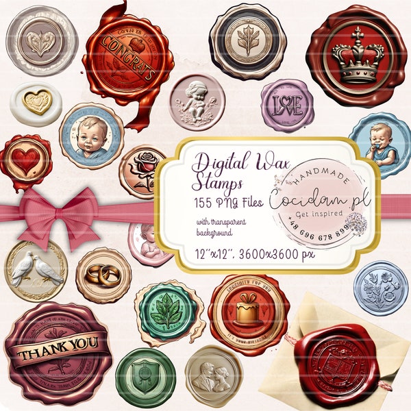 Digital wax stamps seal clipart set transparent background, PNG instant download, DIY scrapbook kit, commercial license, handmade bundle