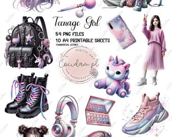Teenage Girl Scrapbooking Kit DIY - 53 PNGs + 10 A4 cut out Sheets - Unicorns, Fashion, Pastel Elements for birthday - Commercial License