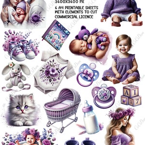 Lila Baby digitale Scrapbooking-DIY-Kollektion – 47 PNG-Dateien und 6 A4-Blätter – perfekt für Babypartys, Taufen und Bastelprojekte