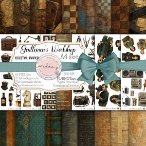 May include: A collection of digital paper sheets with a vintage theme. The design includes gears, film strips, and aged paper textures in shades of brown, teal, and gold. The image also features illustrations of vintage cameras, radios, and other elements.