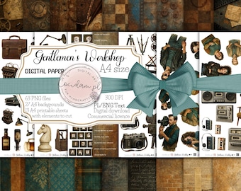 Gentlemen’s Workshop – men’s vintage scrapbooking collection | A4 digital papers, retro clipart, industrial backgrounds, printable papers