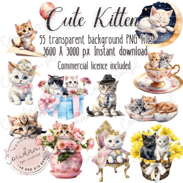 Cute Kitten Animal sweet clipart set transparent background, PNG instant download, DIY scrapbook kit, commercial licence, watercolor bundle