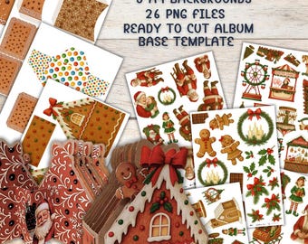 Gingerbread Village – Christmas scrapbooking collection, gingerbread house album base, printable sheets, A4 backgrounds, PNG, Christmas DIY cut
