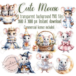 かわいいマウス動物の甘いクリップアート セット透明背景、PNG インスタント ダウンロード、DIY スクラップブック キット、商用ライセンス、水彩バンドル