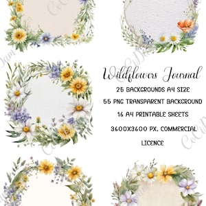 デジタル ペーパー クリップアート ジャンク ジャーナル キット「Wildflowers Journal」、商用ライセンス、インスタント ダウンロード、封筒ポケット印刷可能な DIY スクラップブック
