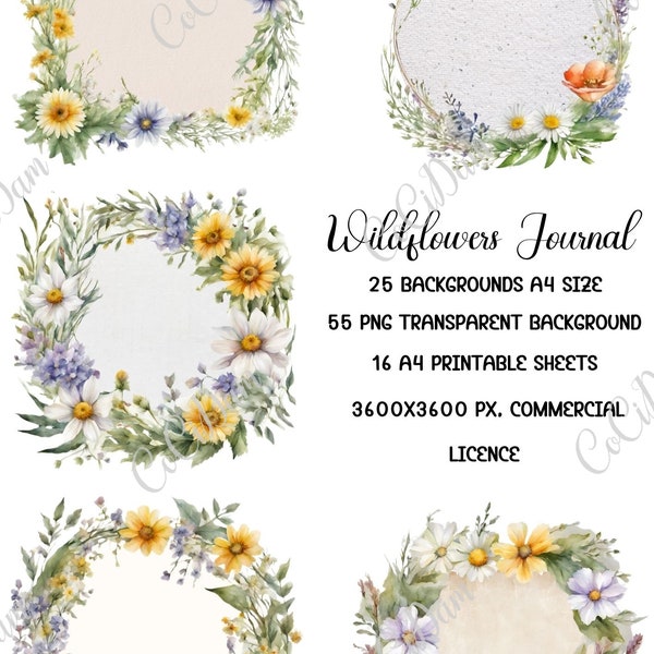 Kit de journal indésirable clipart papier numérique « Wildflowers Journal », licence commerciale, téléchargement instantané, pochette d’enveloppe imprimable DIY scrapbook