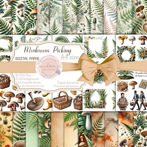 Paddestoel plukken aquarel clipart set | 45 PNG, 22 A4-achtergronden, 9 knipvellen | Natuur scrapbooking | Commerciële licentie | Herfst