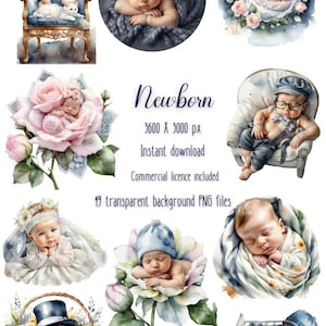 Set di clipart acquerello per neonati, battesimo, battesimo, mamma e papà. Licenza commerciale, sfondo trasparente, download immediato