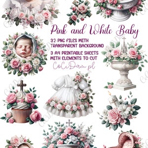 Rosa und weiße Baby-Taufe-Cliparts, Aquarell-Neugeborenen-Grafiken, PNG und druckbare Blätter, DIY-Einladungen, Scrapbooking, Kinderzimmer, Babyparty