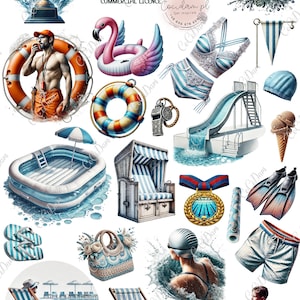 Simbassäng: 67 PNG-grafik och 7 A4-ark för scrapbooking, transparent bakgrund, sommarpoolparty, jacuzzi-clipart Kommersiella licenser