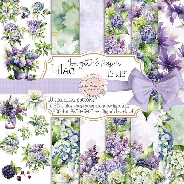 Digital paper seamless pattern clipart set "Lilac", commercial licence, instant download, watercolor flowers, DIY scrapbooking kit