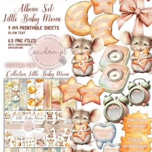 Kleine Baby Muis – Albumset | Scrapbookcollectie | Ondertitels PL/ENG | PNG-bestanden + A4-vellen voor afdrukken | commerciële licentie | doe-het-zelf kit