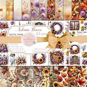 Herfstbloemen - 34 PNG Cliparts, 21 A4 Achtergronden & 7 Uitknipvellen | Persoonlijke en commerciële licentie | Herfstbladeren Bloemencollectie diy