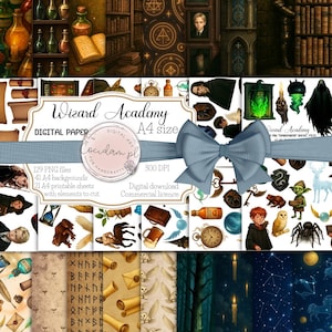 Wizard Academy Scrapbook-Grafiksammlung – 191 PNG- und A4-Dateien | Zaubertränke, Zauberer, Hintergründe, Ausschnitte | DIY-Handwerk