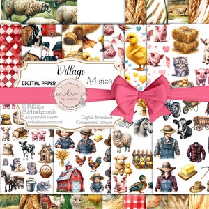 Könnte beinhalten: Digitales Papier-Set mit Dorf-Thema. Das Bild zeigt Aquarell-Illustrationen von Nutztieren, Scheunen, Weizen und Schafen. Enthält 59 PNG-Dateien, 28 A4-Hintergründe und 5 bedruckbare Bögen mit Elementen zum Ausschneiden.