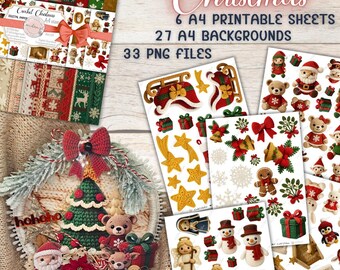 Christmas Crochet Collection – 33 Amigurumi PNGs, 27 A4 Backgrounds, 6 Cutout Sheets | Christmas Crochet Graphics Digital Scrapbook