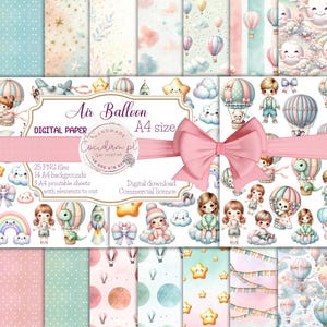 Air Balloon Nursery Baby Shower Boy and Girl 24 PNG with Transparent Background, 14 A4 Backgrounds, 3 A4 Cut-Out Sheets Commercial License
