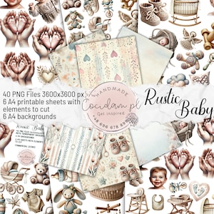 Colección rústica de acuarelas para baby shower: 40 PNG, 6 hojas A4, 6 fondos: bebé recién nacido, niña y niño, manualidades, álbumes de recortes, invitaciones