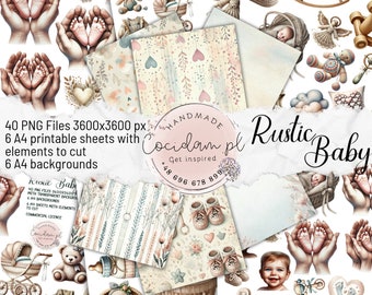 Rustic Baby Shower Watercolor Collection - 40 PNGs, 6 A4 Sheets, 6 Backgrounds - newborn baby girl and boy DIY, Scrapbooking, Invitations