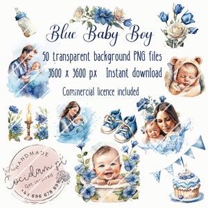 青い男の子のクリップアート セット透明な背景、PNG インスタント ダウンロード、DIY スクラップブック キット、商用ライセンス、水彩バンドル