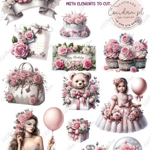 Pink and White Birthday Clipart Balloons, Cakes, Gifts, Shoes PNG Files & Cut-Out Sheets DIY Invitations Decor birthday girl woman bundle