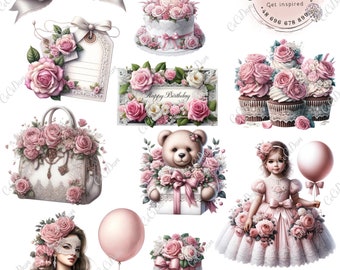 Pink and White Birthday Clipart Balloons, Cakes, Gifts, Shoes PNG Files & Cut-Out Sheets DIY Invitations Decor birthday girl woman bundle
