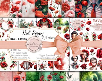 Digital paper pattern clipart set Red Poppy, commercial licence instant download, watercolor  DIY scrapbook Junk journal kit flowers floral