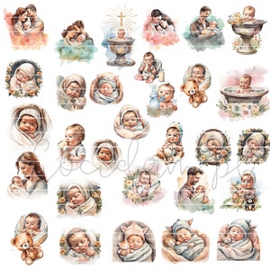 May include: A collection of watercolor illustrations featuring babies in various poses, including a baby being baptized, a baby in a bath, and a baby being held by a parent. The illustrations are all in a soft, pastel color palette and have a whimsical feel.