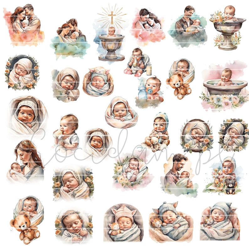 May include: A collection of watercolor illustrations featuring babies in various poses, including a baby being baptized, a baby in a bath, and a baby being held by a parent. The illustrations are all in a soft, pastel color palette and have a whimsical feel.