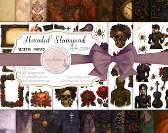 Haunted Steampunk – dark scrapbooking collection, Halloween, gothic A4 backgrounds, cutouts, digital papers PNG