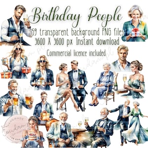 Verjaardag mensen volwassenen clipart set transparante achtergrond, PNG instant download, DIY scrapbook kit, commerciële licentie, aquarel bundel