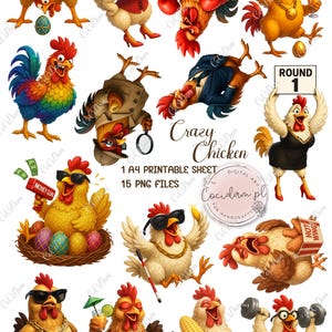 Crazy Chicken - 15 zabawnych grafik PNG z kurami i kogutami, gotowy arkusz A4 do druku | clipart z przezroczystym tłem | ATC Scrapbooking