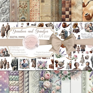 Oma und Opa Scrapbooking-Set – 62 PNGs, 9 A4-Ausschneidebögen und 18 passende Hintergründe – Vintage-Carmaking-Bundle, digitaler Download