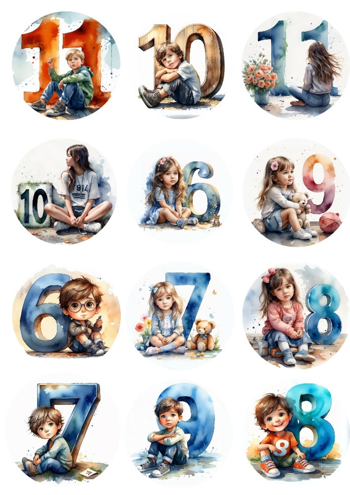 Children's Age Birthday Clipart Set Transparent Background, PNG Instant