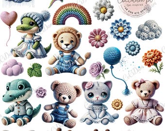 Crochet Collection - 85 PNG Files with Transparent Background + 10 A4 Sheets with Cutout Graphics; Scrapbooking Printable Sheets DIY KIT