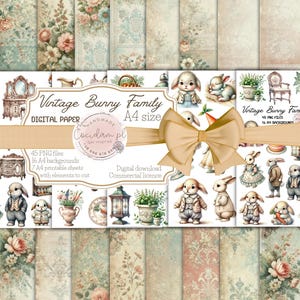 Vintage Bunny Family Clipart - 45 PNG-Dateien, 16 Shabby Chic-Hintergründe, 7 A4-Ausschnitte - Persönliche und kommerzielle Lizenz für physische Produkte