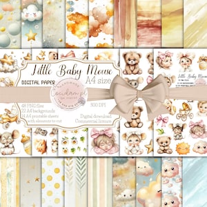 Petite souris bébé - Collection de graphismes pastel pour enfants, scrapbooking, fichiers PNG, arrière-plans A4, découpes, feuilles A4 300 DPI, bricolage