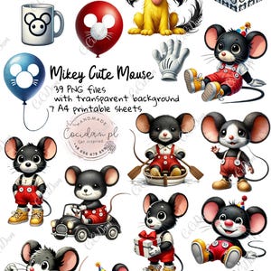 Mikey Cute Mouse - 39 plików PNG + 7 arkuszy A4, licencja komercyjna i osobista, ulubiona myszka wielu osób, elementy do wycinania DIY kit