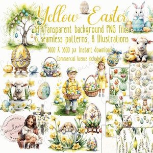 Amarillo Pascua clipart PNG set fondo transparente, kit de álbum de recortes DIY de papel digital de patrón sin costuras, licencia comercial conejito de pato de cordero