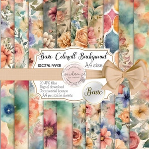 Fundo de papel antigo digital aquarela colorido básico para impressão JPG padrão de flores, licença comercial, kit de diário de sucata para scrapbooking faça você mesmo