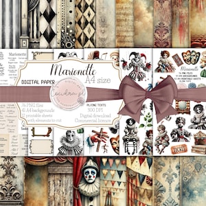 Marionette – Vintage Scrapbooking-Kollektion: 76 PNG-Grafiken, 41 A4-Hintergründe, 12 Bastelbögen, Theater, Puppen, Marionetten | Untertitel PL ENG