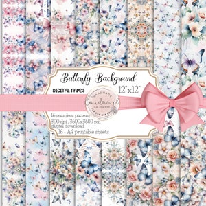 Digitales Papiermuster „Schmetterlingshintergrund“, A4-druckbare Blätter, kommerzielle Lizenz, Aquarellblumen, DIY-Scrapbooking-Kit
