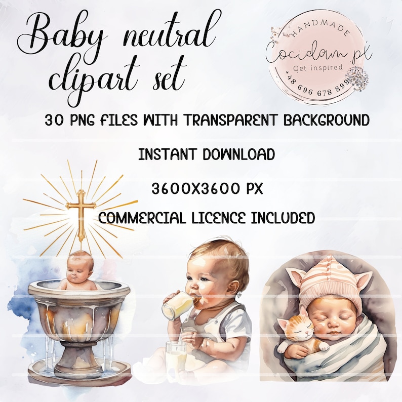 May include: A set of three watercolor illustrations of babies. The first image shows a baby in a baptismal font. The second image shows a baby drinking from a bottle. The third image shows a baby sleeping with a kitten. The images are 3600x3600 pixels and come with a commercial license.