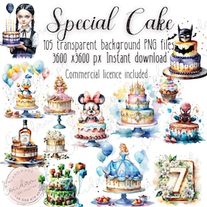 Imágenes prediseñadas de cumpleaños de pastel especial conjunto de fondo transparente, descarga instantánea PNG, kit de álbum de recortes de bricolaje, licencia comercial, paquete de acuarela